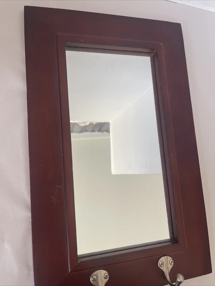 Dublin Pub Mirror Walnut Entry Accent Metal Hooks 15.5 x 9.75” Vintage - Image 4 of 4