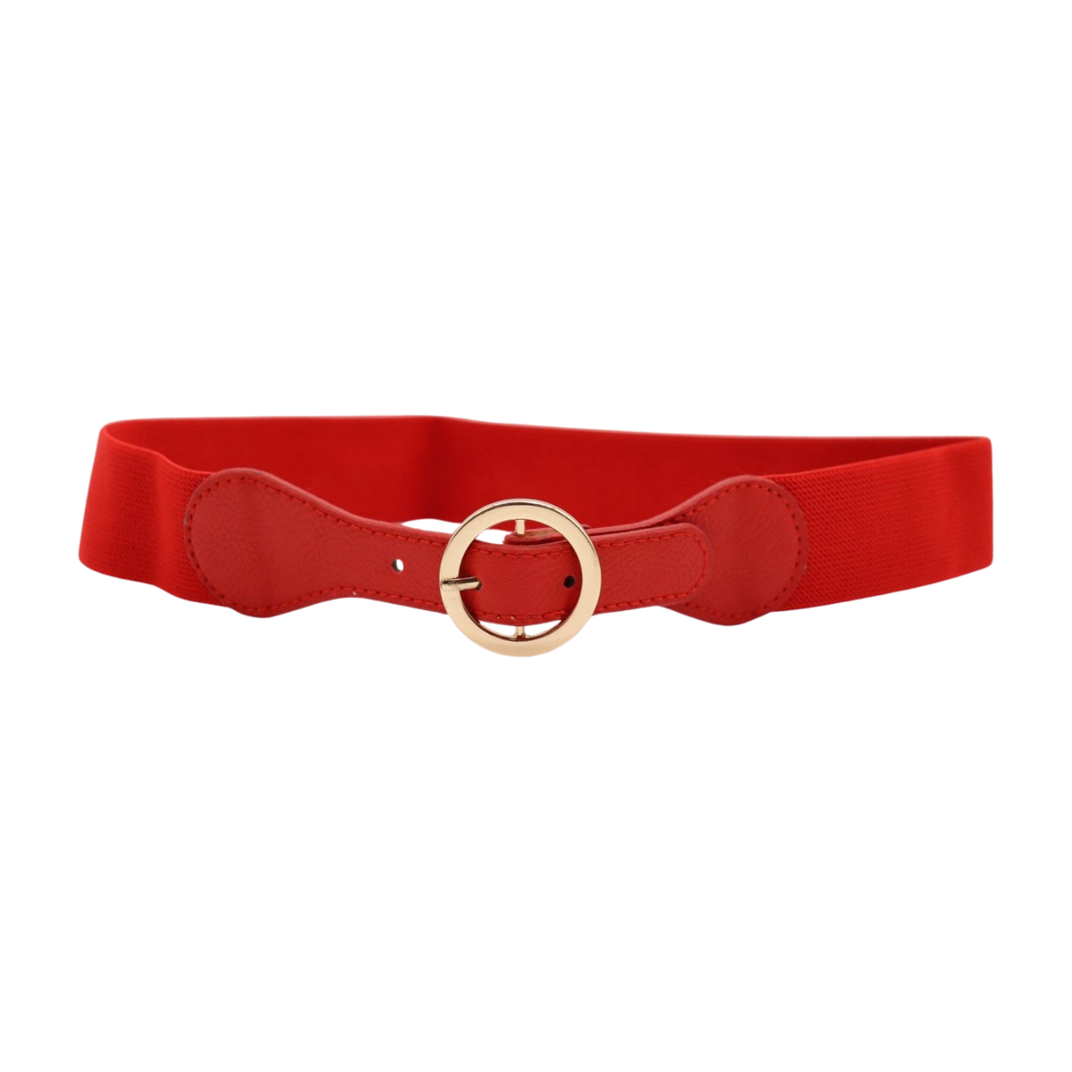 Women Red Fabric Elastic Skinny Classic Look Belt Gold Circle - Main Image