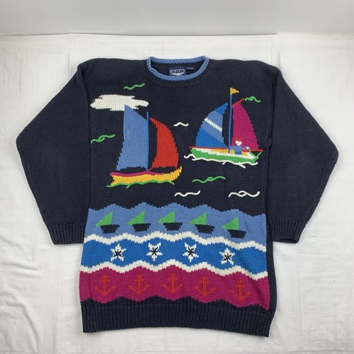Vintage Best American Clothing Co Sweater Womens Medium Black Knit Sailboat 90s