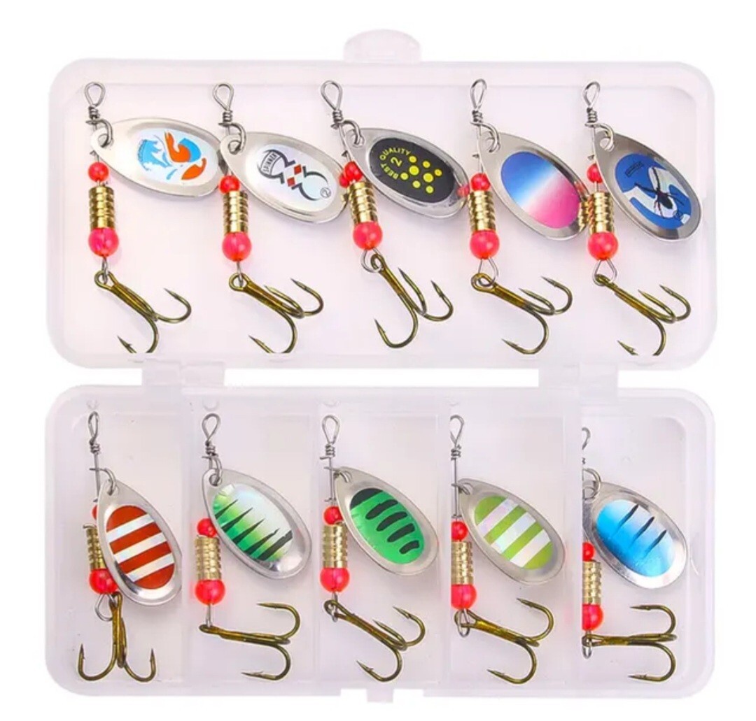 Bass trout spinner Baits fishing lures 10-pack lot with tackle box