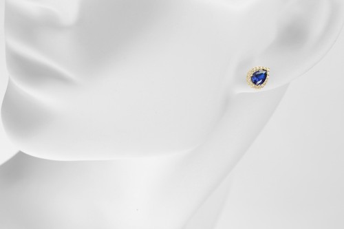 9ct Yellow Gold Blue Sapphire & Cz Teardrop Pear Cluster Stud Earrings - Picture 5 of 6