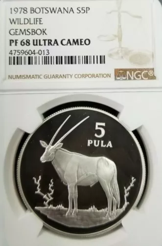 1978 BOTSWANA SILVER 5 PULA S5P WILDLIFE GEMSBOK NGC PF 68 ULTRA CAMEO SCARCE