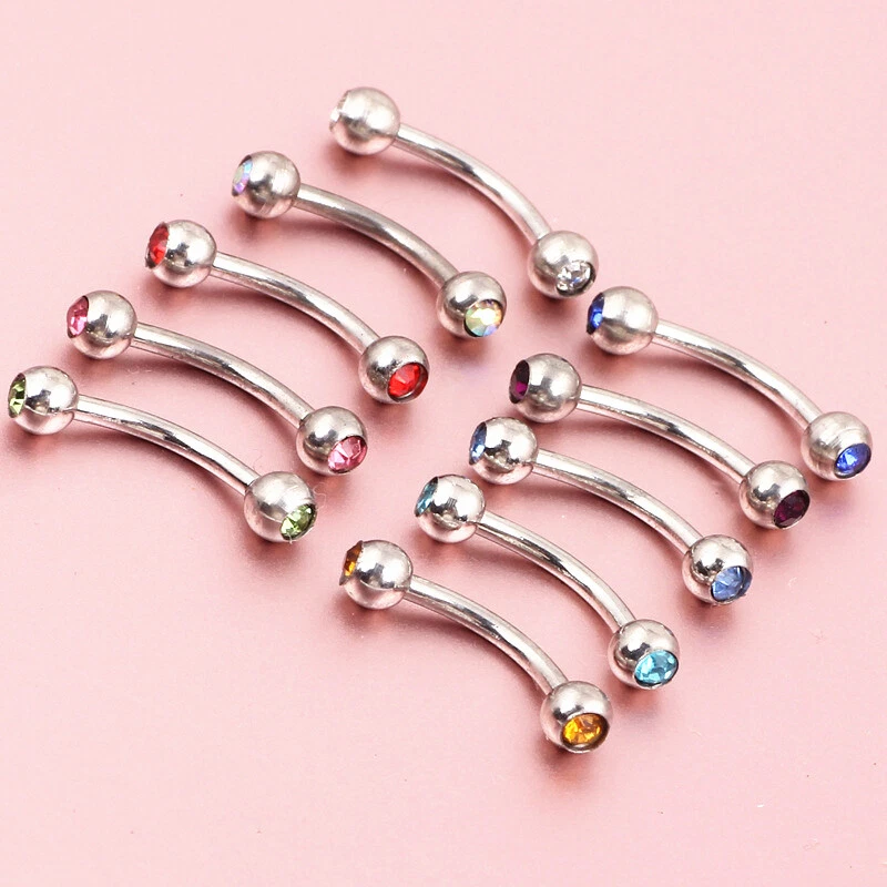 2X 3-5mm Crystal Ball Eyebrow Ring Steel 6-14mm Bar Curved Barbell Piercing 16g - Image 4 of 4