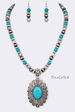 New WESTERN COWGIRL TURQUOISE STAMPED OVAL PENDANT NECKLACE  EARRINGS SET