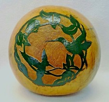 Gourd Art Hummingbirds with Flowers and Leaves Relief Carved