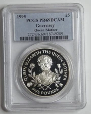 1995 Guernsey Queen Mother £5 Silver PCGS PR69DCAM