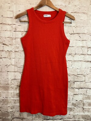 Bershka Tank Dress Womens Large Red-Orange Ribbed Bodycon Stretch Sleeveless