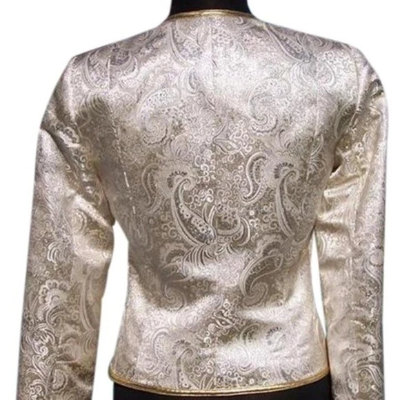 CHANEL GIACCA VINTAGE HAUTE COUTURE ARGENTO BROCCATO METALLICO E FINITURE ORO TAGLIA 4