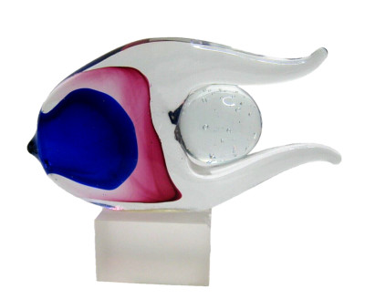 Art Glass hand blown fish red and blue with orb on glass block 8 by 6 Inch's