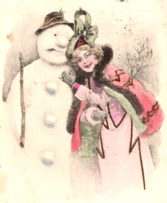 1901 GERMAN Christmas Postcard Fetching Lady Sniggles Chubby Snowman with Cigar