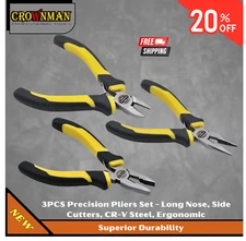 3PCS Precision Pliers Set - Long Nose, Side Cutters, Multi-Purpose CR-V Steel 