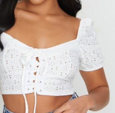 Petite White Milkmaid Lace Up Crop Top