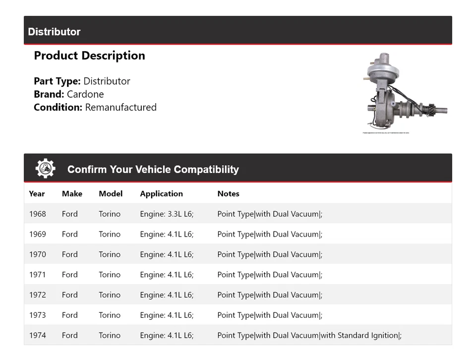 For 1968-1974 Ford Torino Distributor Cardone 1969 1970 1971 1972 1973 - Image 2 of 4