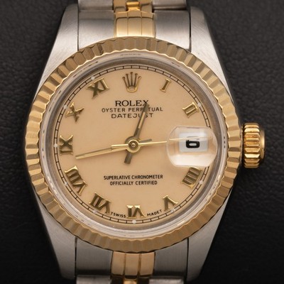 Rolex Datejust 69173 Fluted Bezel Watch 26mm Roman Ivory Beige