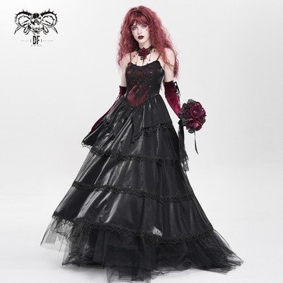 Devil Fashion Women Black Red Goth Embroidery Lace Layered Long Slip Party  Dress | eBay