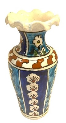 Vintage Turkish Kutahya Iznik Hand-Painted Floral Ceramic Vase with Ruffled Rim