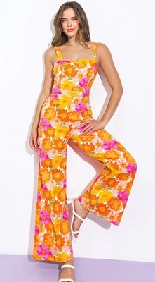 Flying Tomato Super Flare Jumpsuit Pink Floral Boho Chic SZ Small