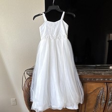 Handmade Girls White Sleeveless Flower Girl Dress Tulle Skirt Bow Sz S