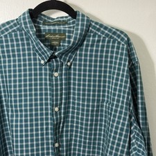 Eddie Bauer Mens XXL Long Sleeve Plaid Dress Shirt Green White Wrinkle Resistant