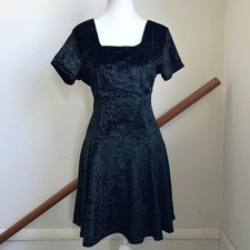 Vintage 90s Black Velvet Babydoll Mini Dress Tie Back Square Neck Whimsigoth Med
