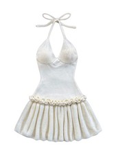 MakeMeChic Women's Halter Sweater Dress Tie Open Back Sleeveless Small, Beige 