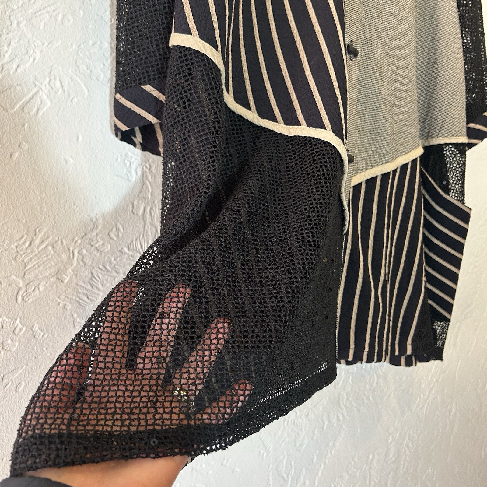 Moonlight XL Mesh Patchwork Button Front Top Blac… - image 9