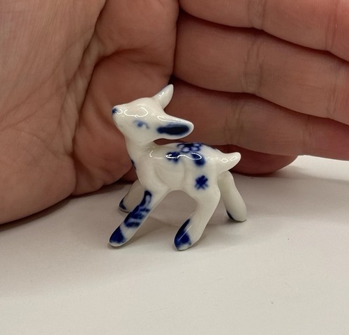 Vintage Delft Blue Deer Fawn Figurine Trinket Collectible Miniature Animal