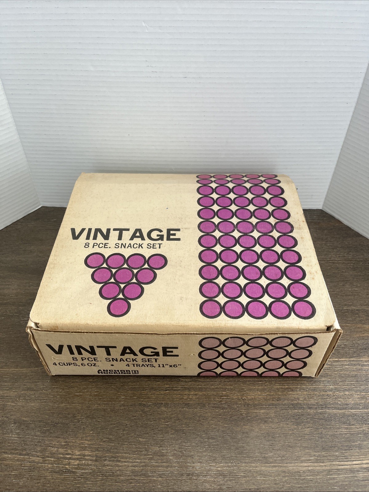 Vintage Anchor Hocking 8-Piece Glass Snack Set in Grape Cluster Pattern with Original Box