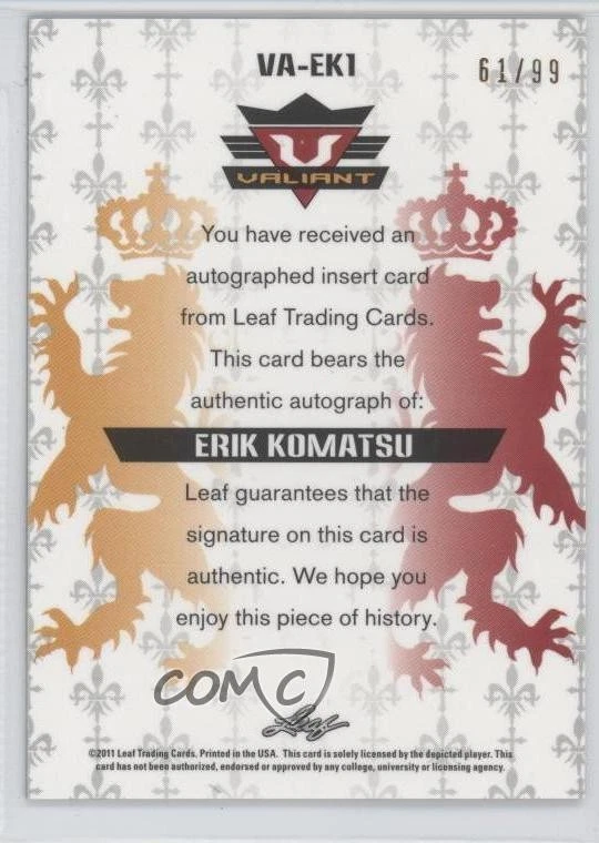 2011 Leaf Valiant Blue /99 Erik Komatsu #VA-EK1 Auto - Image 2 of 2