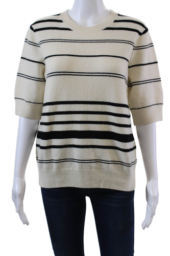 Frame Womens Short Sleeve Striped Crew Neck Sweater White Black Size Large