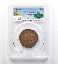 1820 Coronet Head Large Cent Large Date MS64 BN PCGS CAC N-13 *3478