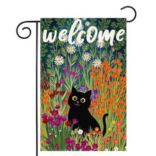 Black Cat Spring Garden Flag Double-side Burlap Home Welcome Flowers 12x18 inch