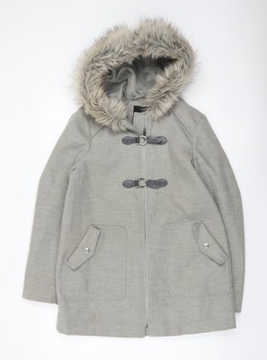 New Look Damen Parka Mantel grau Fellkapuze UK 10 mittellang Winter