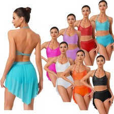 Womens Dress 2-piece Outfit Ballroom Dancewear Shorts V-Neck Morden Lyrical Hem