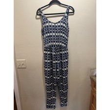 Hollister Blue White Print Sleeveless Jumpsuit Drawstring Waist Casual Chic Sz L