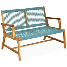 Outdoor 2-Person Acacia Wood Bench Loveseat Chair Porch Yard Furniture Turquoise