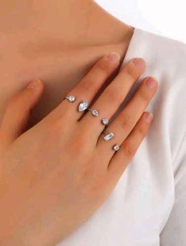 3pcs Open Cuff Rings Silver Metal 925 Minimalist Jewelry Open Cuff CZ Adjustable