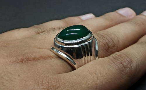 Natural Yemeni Green Aqeeq Mens Sterling Silver 925 Handmade Green Agate Ring - Picture 6 of 12