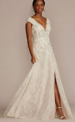 Melissa Sweet - Cap Sleeve Aline Beaded Lace Wedding Dress With Slit ~ Size  16W | eBay