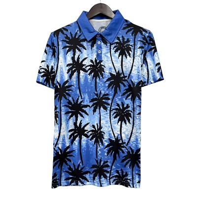 Proud 90 Men's Polo Shirt Golf is Fun Blue/Black Hawaiian Palm Trees Size S euc