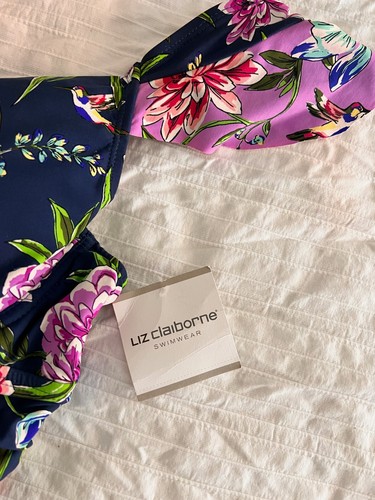 NWT/NEW Liz Claiborne Ruffle Sleeve One Piece Swimsuit Sz 18 Navy Floral Ruched - Picture 4 of 6