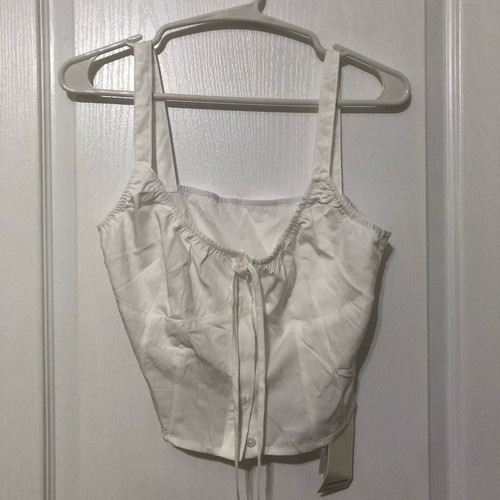 Commense Damen Crop Top Größe Medium Weiß Bindeband Ausschnitt Ärmellos Knopfleiste