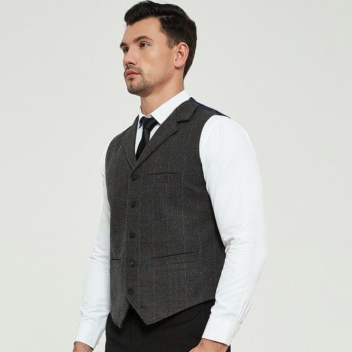 Retro Men Formal Plaid Herringbone Tweed Waistcoat Wool Blend Suit Vest Slim Fit - Picture 20 of 23