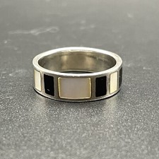 Onyx Shell Inlay Ring Sterling Mother Of Pearl Geometric Vintage Band Size 6.5