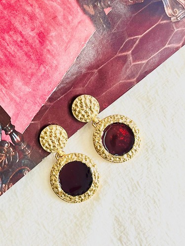 Brown Round Circular Textured Modernist Retro Drop Clip Earrings Gold Women Her - Picture 2 of 8