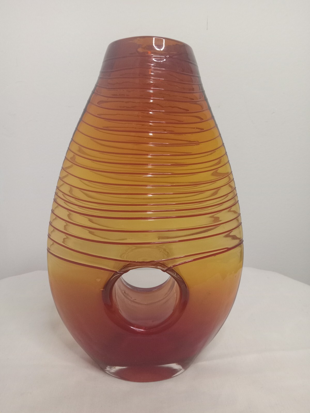 Vintage MCM Amberina Hand-Blown Art Glass Donut Hole Vase 9.5 Margies Style