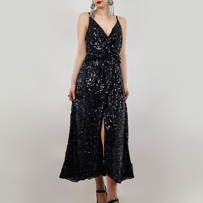 knee length dresses for ladies Black Sequin Maxi Dress