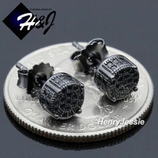 MEN 925 STERLING SILVER ICY BLING CZ BLACK PLATED 6MM ROUND STUD EARRING*B179