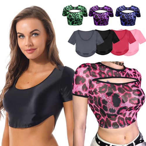 Women Sexy Short T-shirt Crop Top Round Neck Leopard Print Hollow Out Clubwear