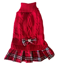 Red Cable Knit ,Turtleneck,Plaid Skirt  Puppy/Dog Sweater Dress, Small or Medium